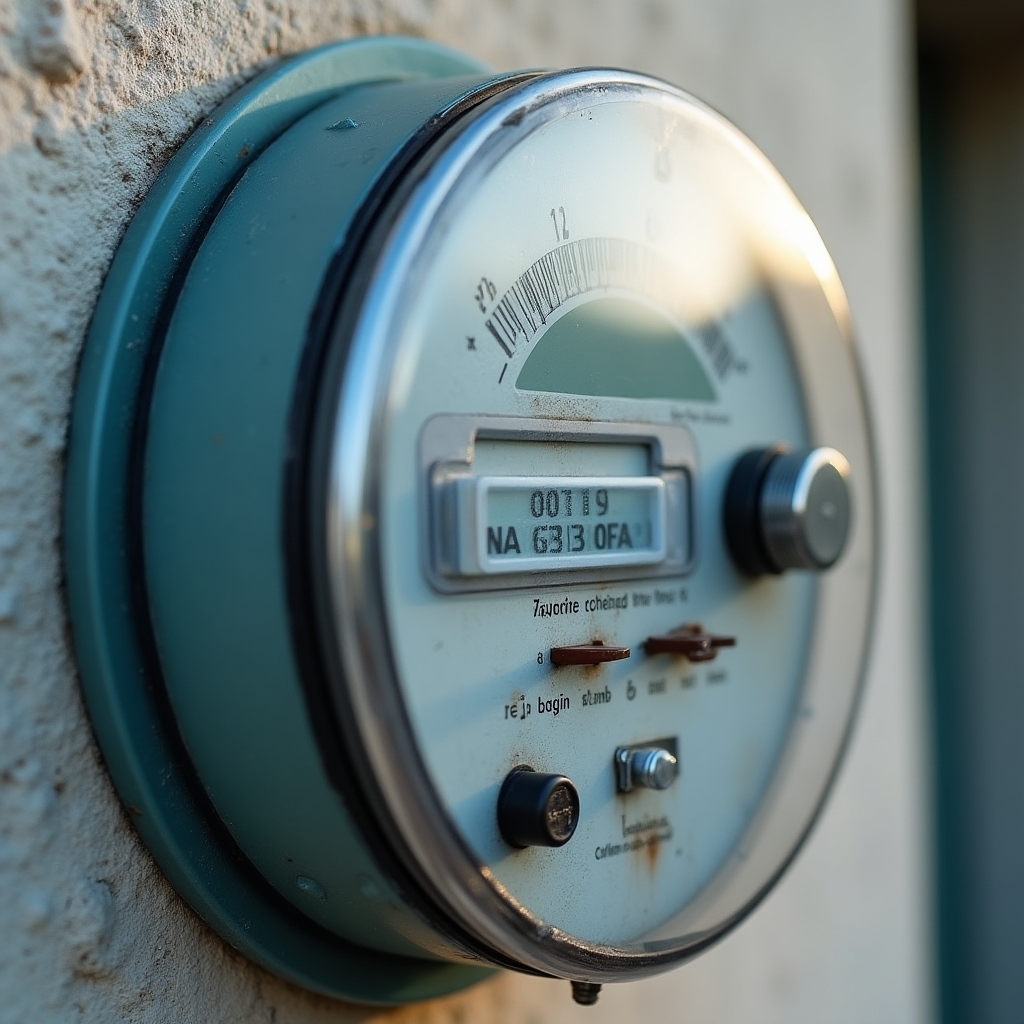 Primer plano de un medidor de energía eléctrica instalado en la pared de un local comercial
