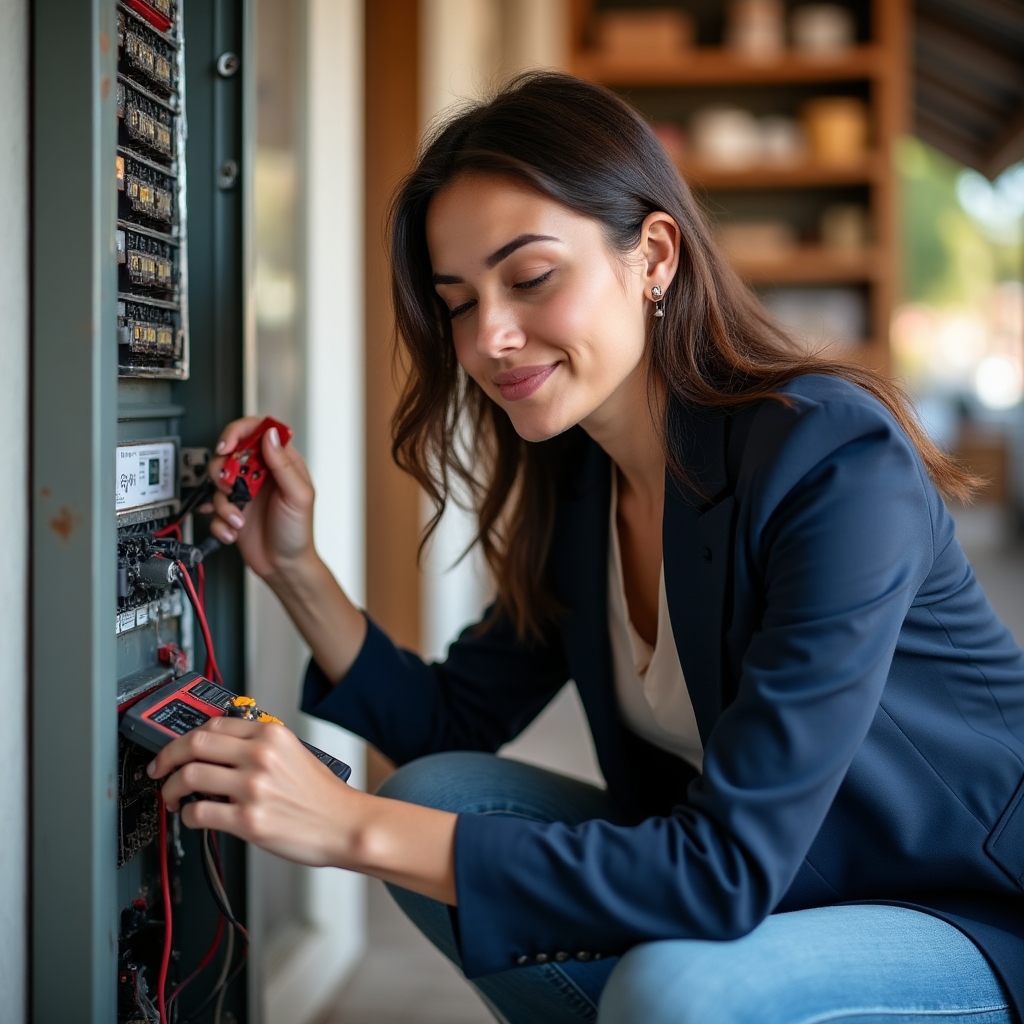 Especialista revisando el tablero eléctrico de un local comercial durante un diagnóstico energético